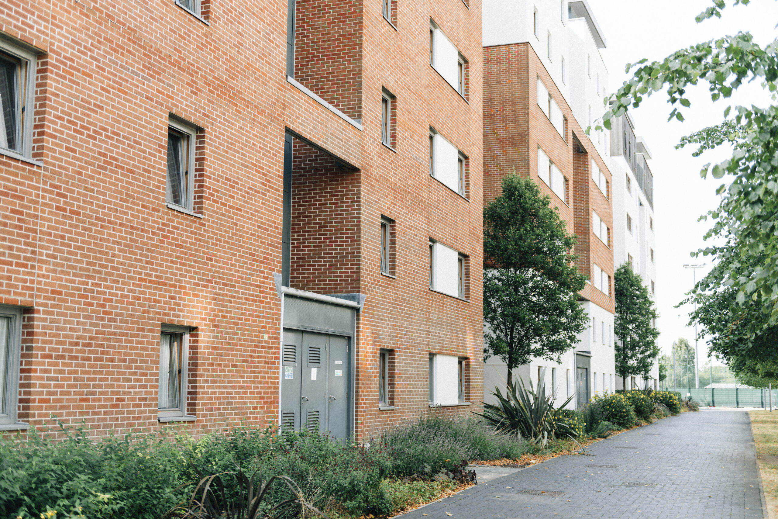 Back side of a modern English apartment
